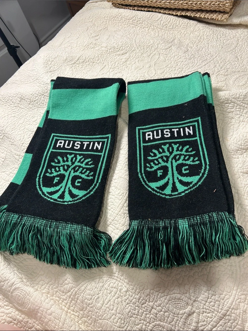 Two Austin FC Black and Green Striped Knit Scarf